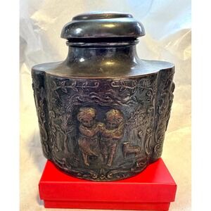 Antique English Tea Caddy Silver over Copper Cherubs Children